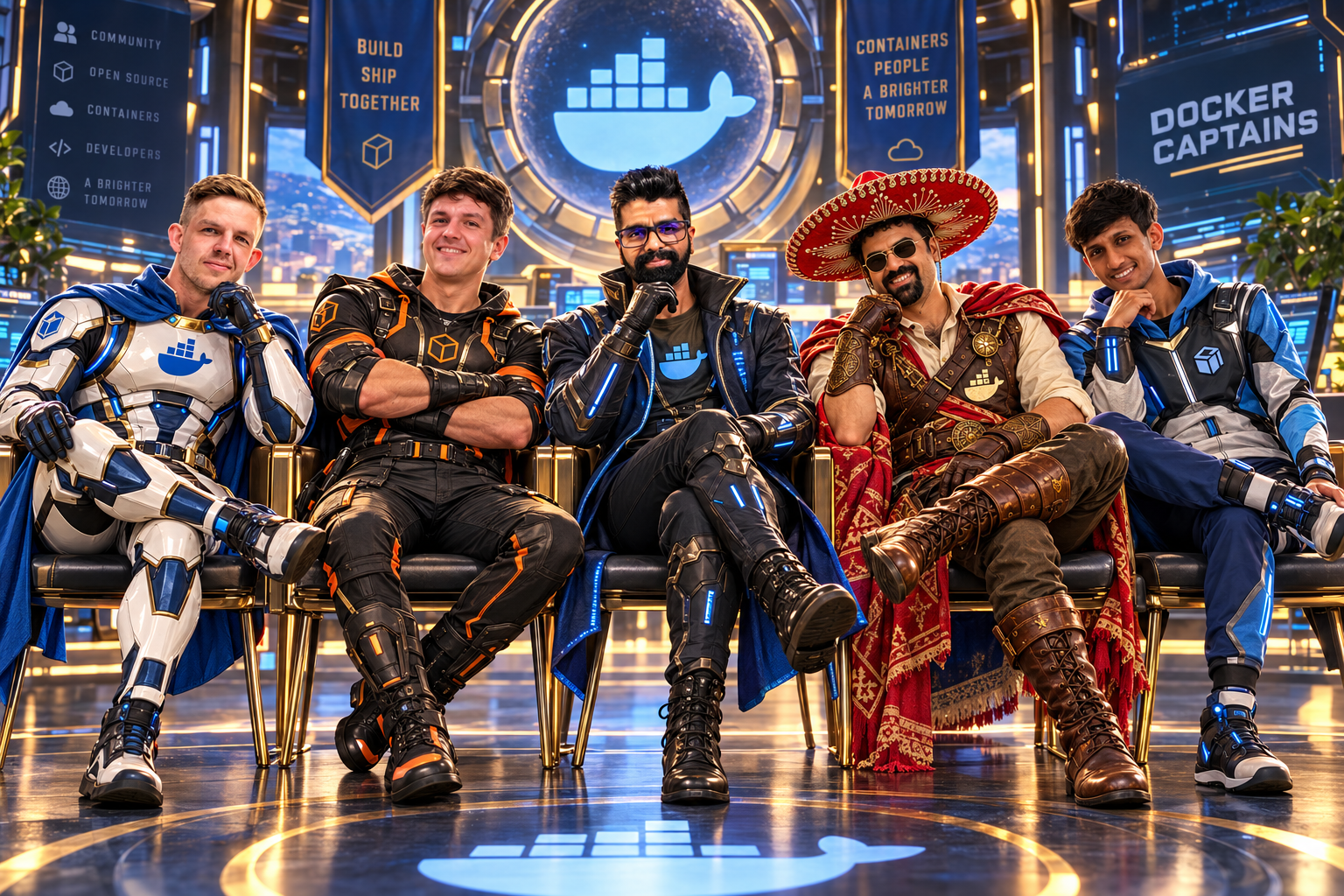 Five Docker Captains in superhero gear sit on a panel stage under banners reading "Build Ship Together" and "Containers, People, a Brighter Tomorrow"