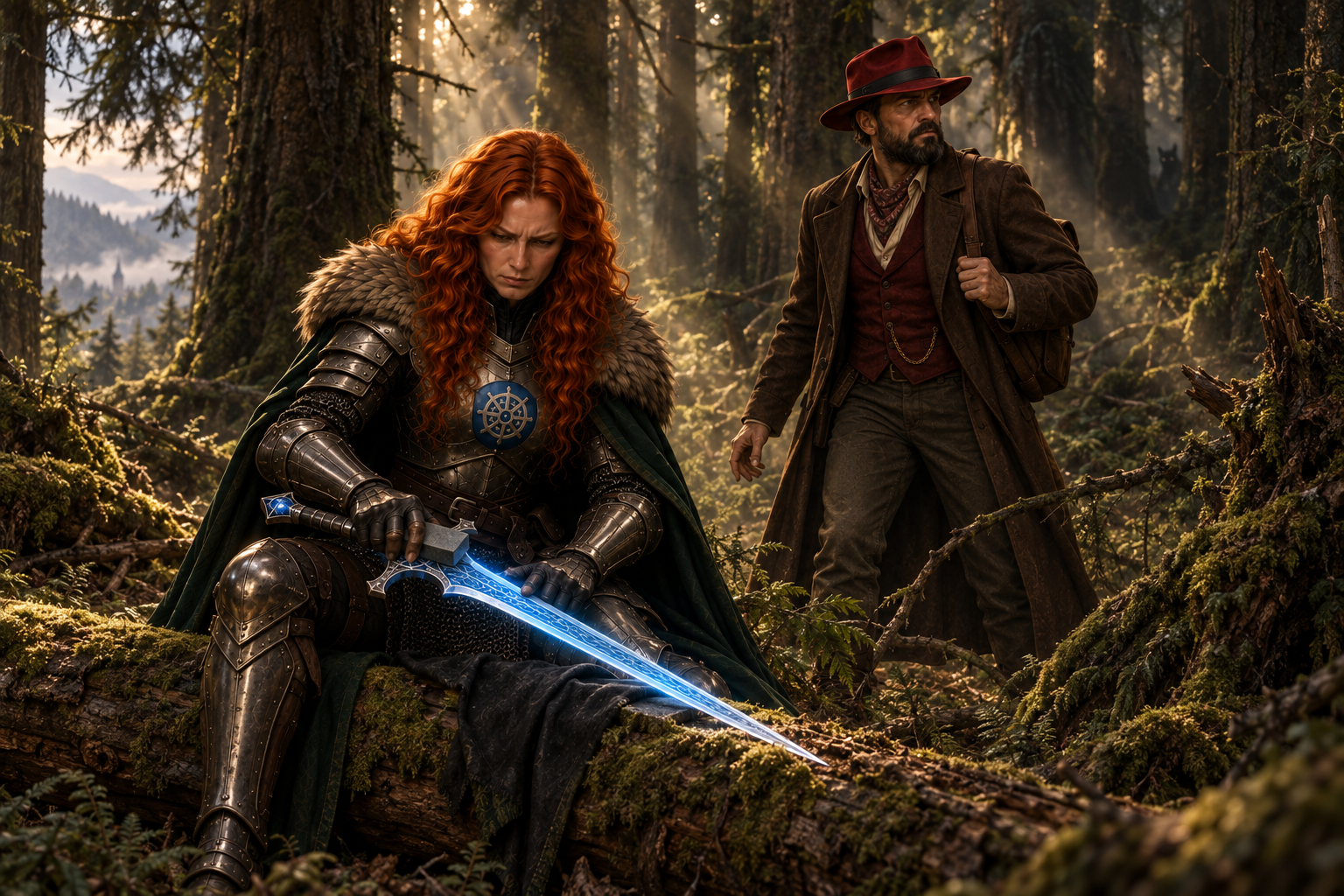 Gord sharpening her sword in the forest